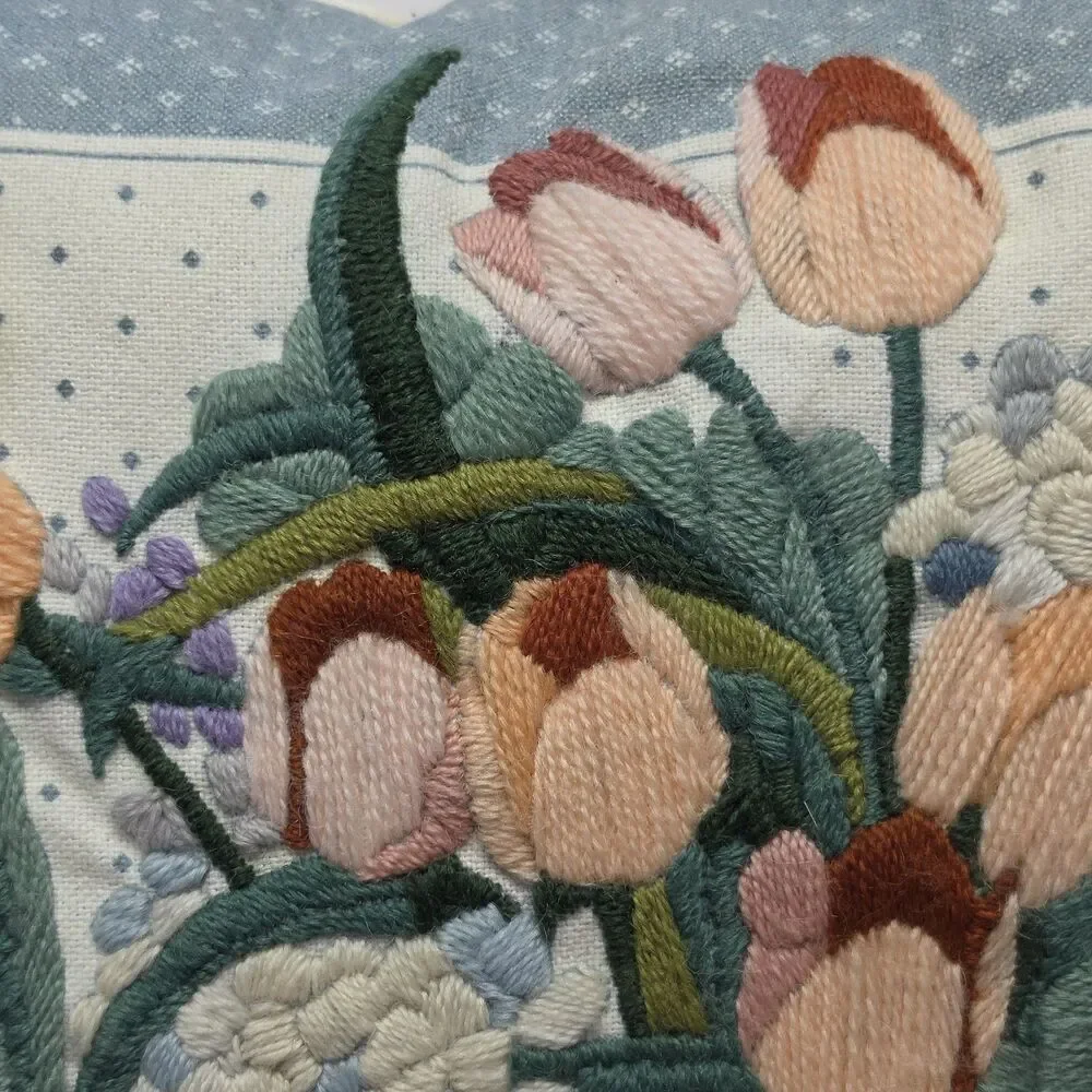 Vintage 70s Crewel Embroidery Colorful Tulips Decorative Pillow 13” x 13” Boho